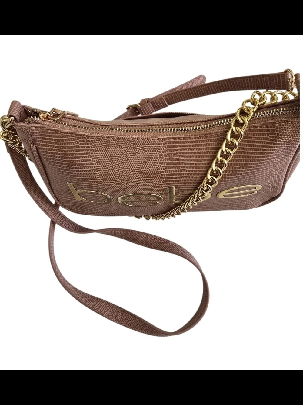 bebe Dusty Rose Fabiola Lizard-Embossed Gold Chain Shoulder Bag Purse *